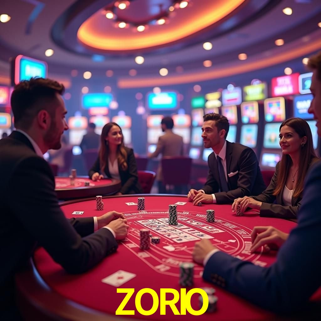 Escena dinámica inspirada en casino con iluminación ZORIO, cartas, fichas e íconos de juegos digitales en un espacio moderno de juegos.